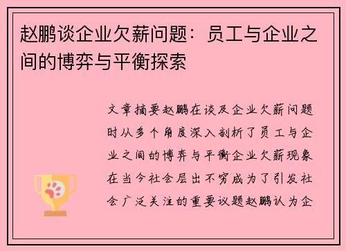 赵鹏谈企业欠薪问题：员工与企业之间的博弈与平衡探索